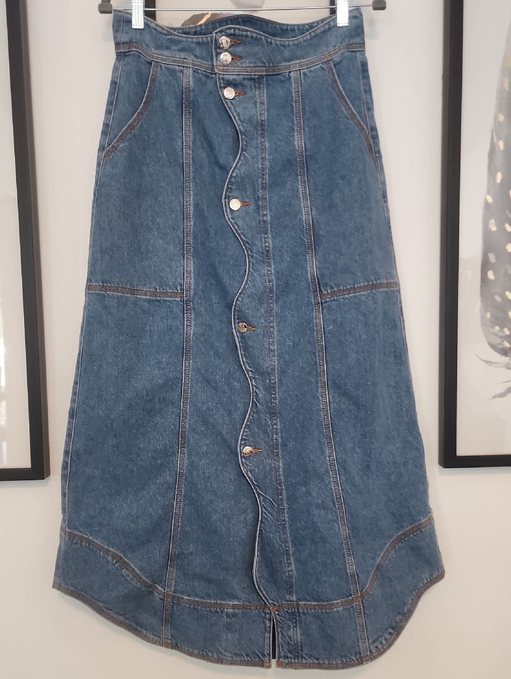 Farm Rio Button-Front Denim Wave Midi Skirt